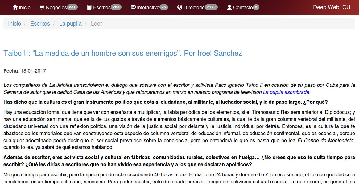 DeepWebCU's tweet image. Ya se incluyó semanalmente  en #DeepWebCU la lapupilainsomne.wordpress.com de @iroelsanchez  para que llegue a #Cuba y cubanos sin Internet.