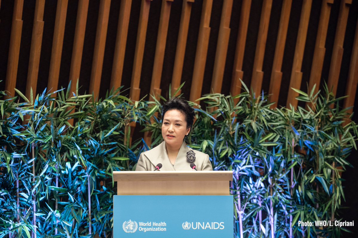 The First Lady of China Peng Liyuan (pictured here behind the podium) was appointed the WHO Goodwill Ambassador for HIV/AIDS and tuberculosis in June 2011