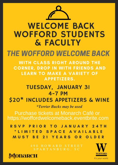 butterfly_sc1's tweet photo. The Wofford Welcome Back!! 
Join us for a hands-on cooking class with friends! You can use your Terrier Bucks!

https://t.co/sxx5dYyexQ https://t.co/LNR0McYZNS