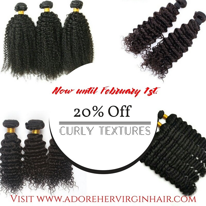 Take advantage! Visit adorehervirginhair.com & take 20% off our curly textures!  #100percentvirginremyhumanhair  #hairstyletrends