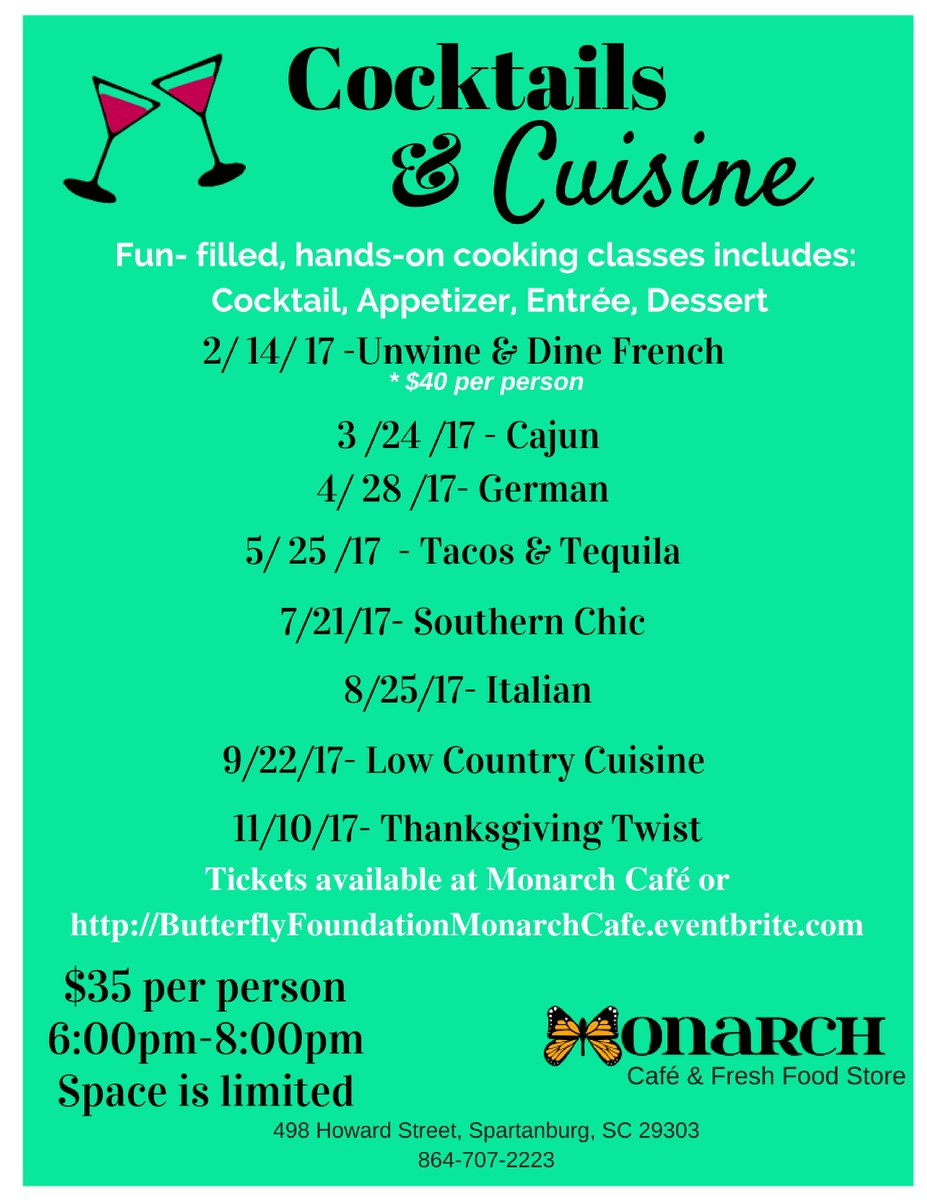 butterfly_sc1's tweet photo. Cocktails &amp; Cuisine the themed hands-on cooking classes are back! Check out the new classes. 
Space is limited. 
https://t.co/zrX8zqwbiR https://t.co/lkS4XU0QfH