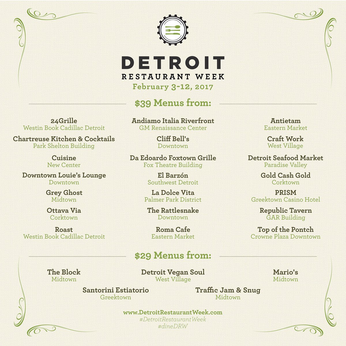 dinedrw's tweet photo. Here it is! #DetroitRestaurantWeek 2017 list of participating restaurants. Make your reservations today! #dinedrw https://t.co/wPqnZkhgf1 https://t.co/drHl7jXIlo