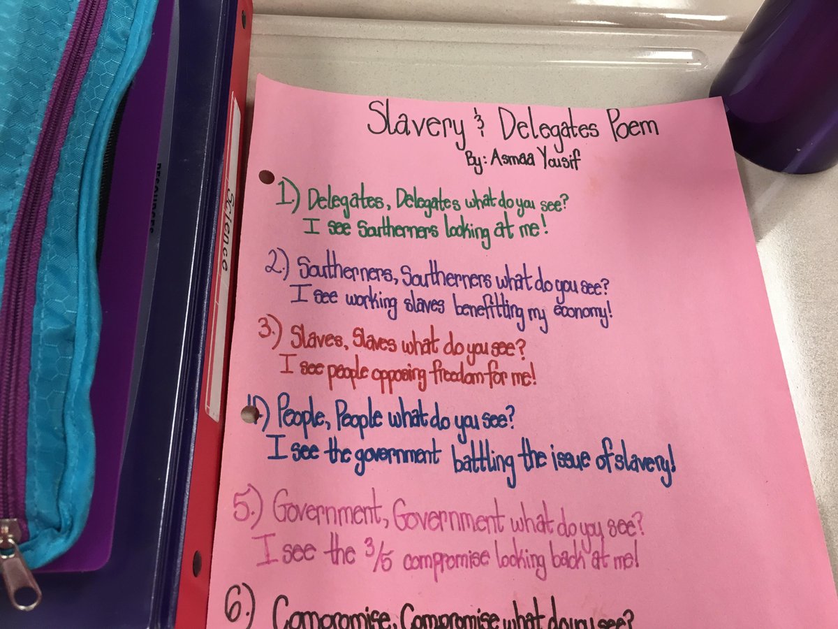 jennifertwolf's tweet photo. Ss in @JenniferLongwe1's SS class read genre reformulation poems based on the 3/5 compromise! @KyleneBeers @BobProbst #dubMSela #rdngNF https://t.co/v6TPurszpy