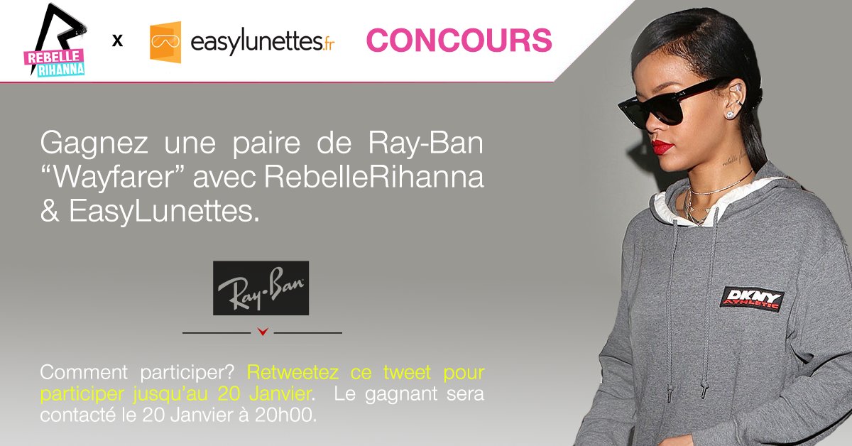 RihannaFrance's tweet photo. Retweetez ce tweet pour tenter de gagner avec EasyLunettes.fr, une paire de Ray-Ban « Wayfarer », comme celle portée par Rihanna. https://t.co/liOxyaR329
