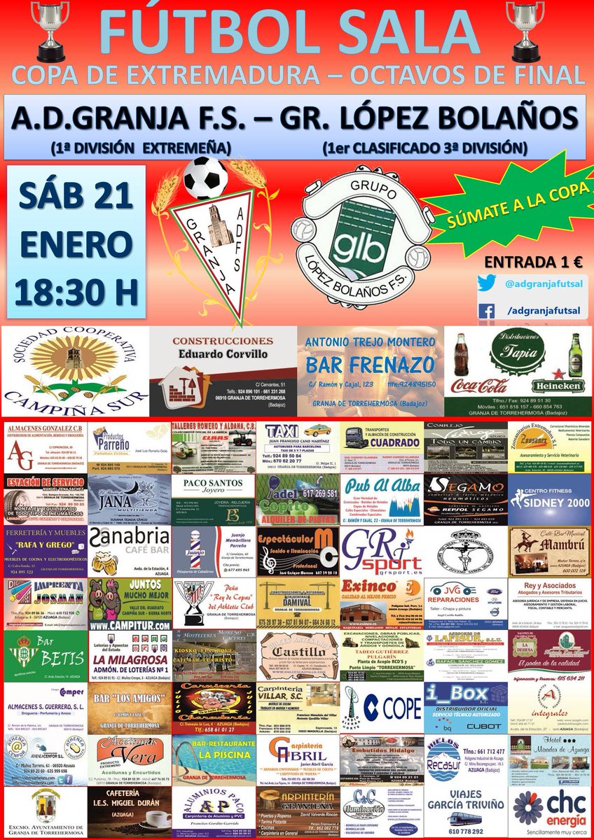 adgranjafutsal's tweet photo. Ya está aquí la Copa Extremadura
@adgranjafutsal - @grupolopez14
SÁB 21 DE ENE
18:30H
#SúmateALaCopa #EstePremioEsDeTodos #VamosGranjaFutsal https://t.co/aLQdKgjSFw