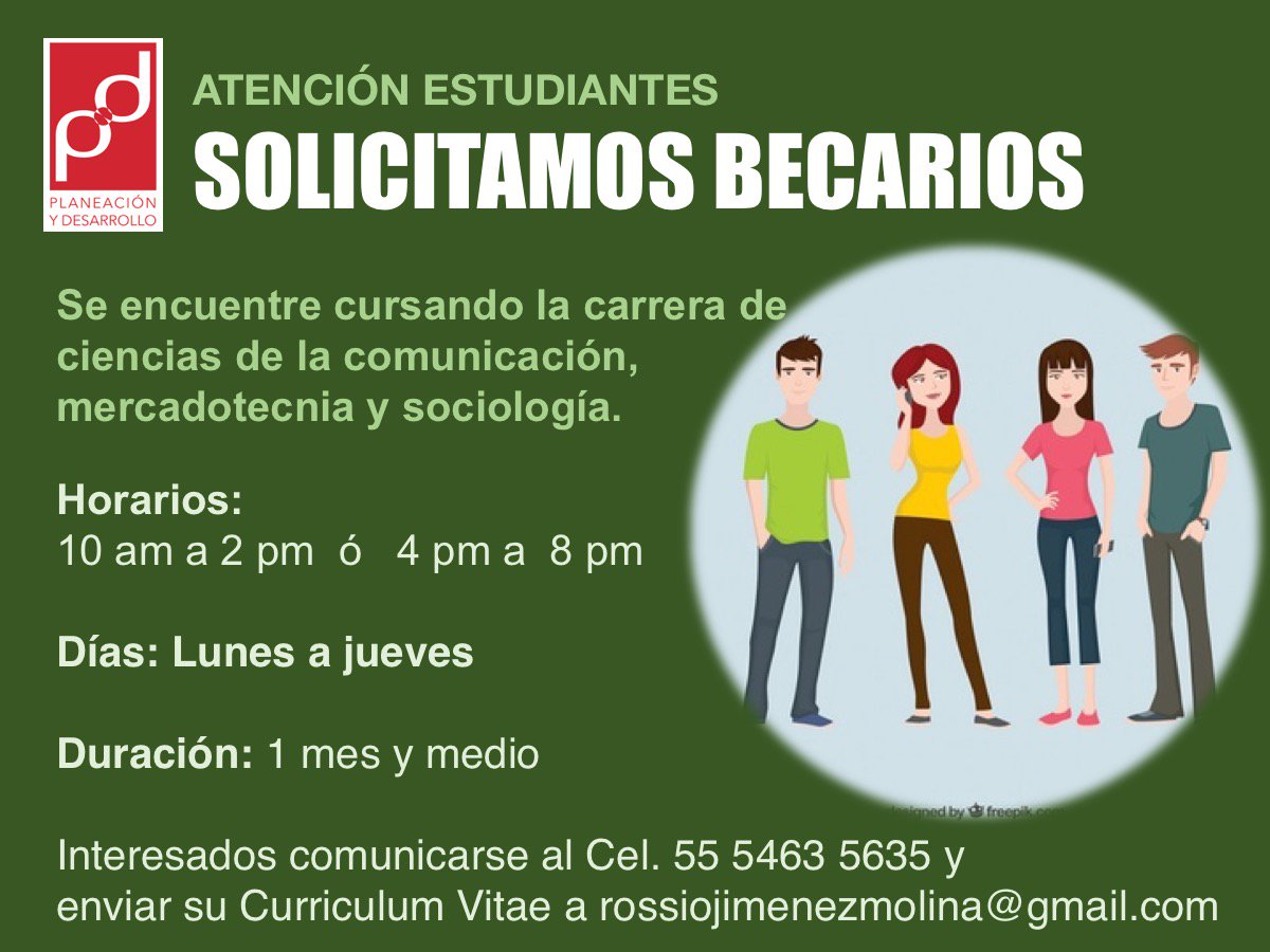 PyD_sc's tweet photo. #CDMX Solicitamos becarios para apoyo a nuestra organización de la sociedad civil. Carreras Comunicación, sociología o afines @PyD_sc https://t.co/VgPcQZi0ay
