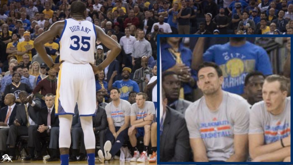BoomtownHoops's tweet photo. Throw back to the last Thunder/Warriors game when KD's trash talk earned him a monster disappointed look from Nick Collison. #HairJordan https://t.co/P8bJvQERGk