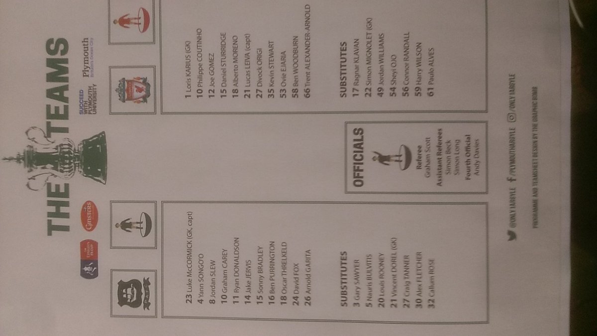 JamesPearceLFC's tweet photo. Your team sheet from Home Park #LFC https://t.co/ngWHbCG8hq