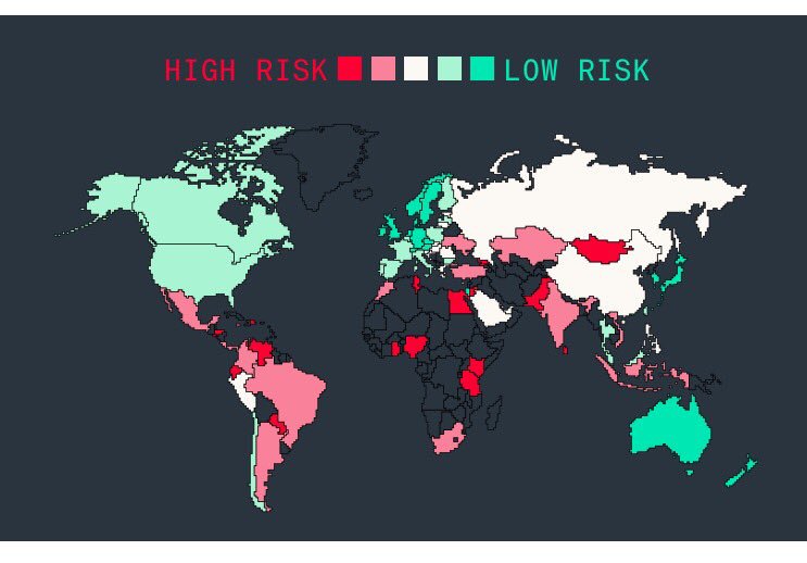 JGR_1981's tweet photo. Interesante mapa de Bloomberg con el indice de riesgo politico en cada pais. Peru solo superado por CHI y MEX en LatAm. #animos https://t.co/ji55BzJcxb