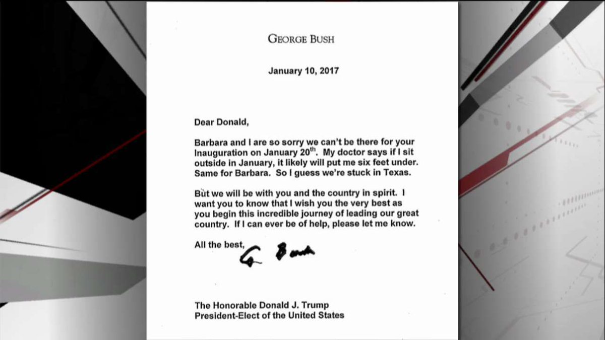 FoxNews's tweet photo. President George H.W. Bush's letter to President-elect @realDonaldTrump: "We will be with you and the country in spirit." https://t.co/OKXNLkfZnS