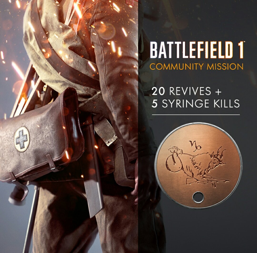 MrProWestie's tweet photo. Woo! The first #Battlefield1 Community Mission goes live tomorrow! Get 20 Revives &amp; 5 Syringe kills to unlock the Capricorn Dog Tag! 😀👍 https://t.co/9BscW2eTAr