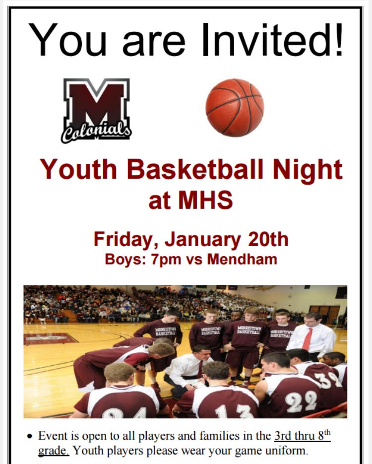 MorristownTAP's tweet photo. Youth Basketball Night at Morristown High School. Watch #morristown Colonials take on Mendham  https://t.co/Abu1J0l5F1 https://t.co/FHP5QABzoa