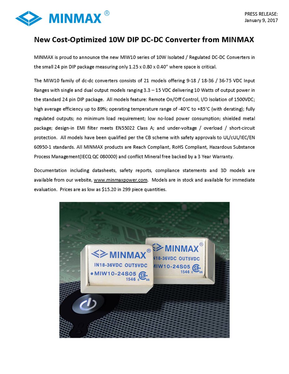 minmax_power's tweet image. PRESS RELEASE: New Cost‐Optimized 10 Watt DC‐DC Converter, Small 24-Pin DIP Package For Space Critical Applications.
