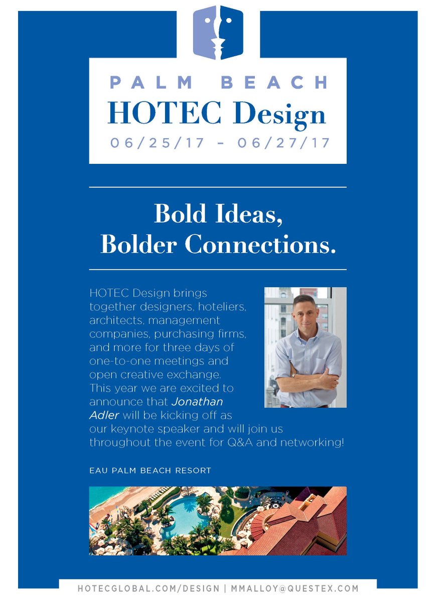 HotelMgmtMag's tweet photo. Looking for new #hoteldesign buyers or suppliers? Come to #HotecDesign @eaupalmbeach https://t.co/da5lOB2H9E https://t.co/Gko3o3IpCq