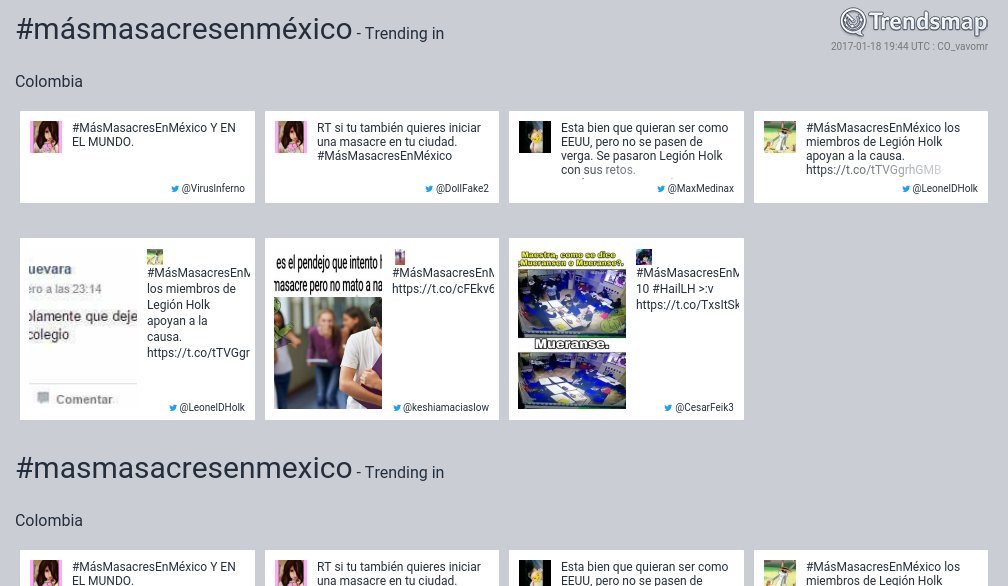 TrendsCO's tweet photo. #másmasacresenméxico es ahora una tendencia en Colombia

https://t.co/ftHG0wkqYv https://t.co/HoKqJNTb8z