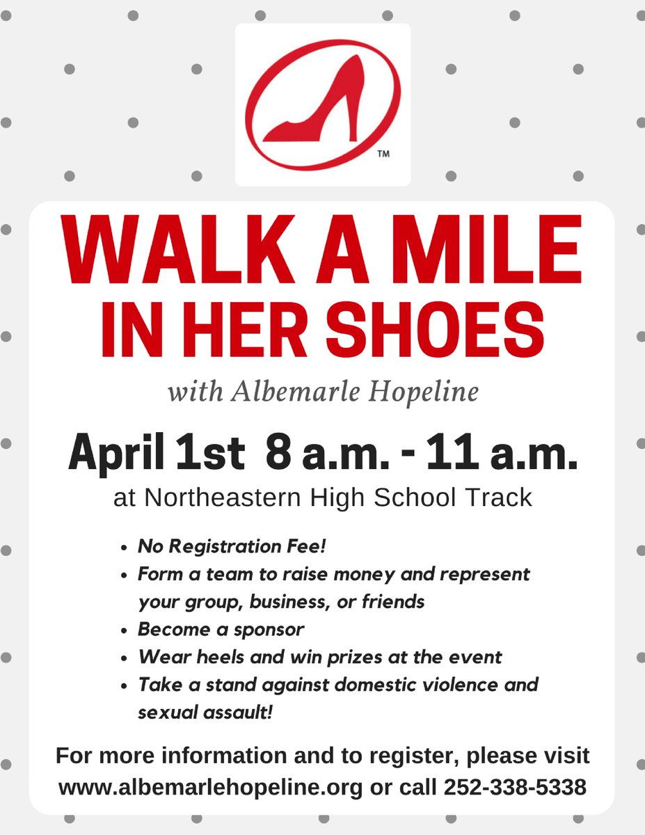 ahopeline's tweet photo. Join Albemarle Hopeline's Walk a Mile in Her Shoes! We now have online registration: https://t.co/SGdPsGaz2Z or you can register day of! https://t.co/vnhLlTA5nR