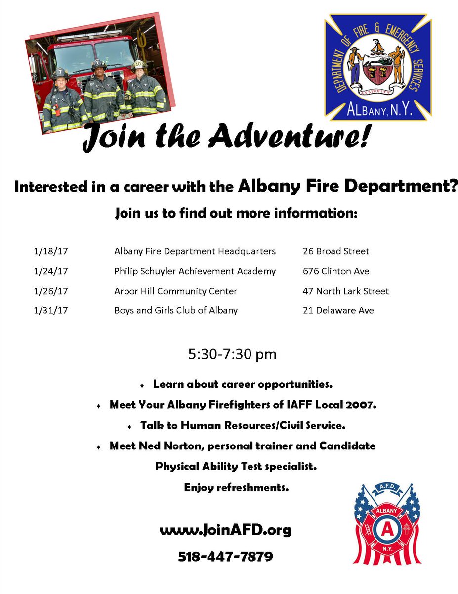 AlbanyFFs's tweet photo. Join us at @FD_AlbanyNY HQ 26 Broad St at 5:30 pm for community open house to learn more about a career with AFD. #joinafd https://t.co/gq6vOb3ZXR