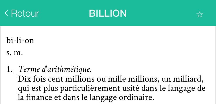 _Littre's tweet photo. "Billion est un anglicisme, on dit milliard en bon français" ...FAUX! https://t.co/Tt5fPRrDBy