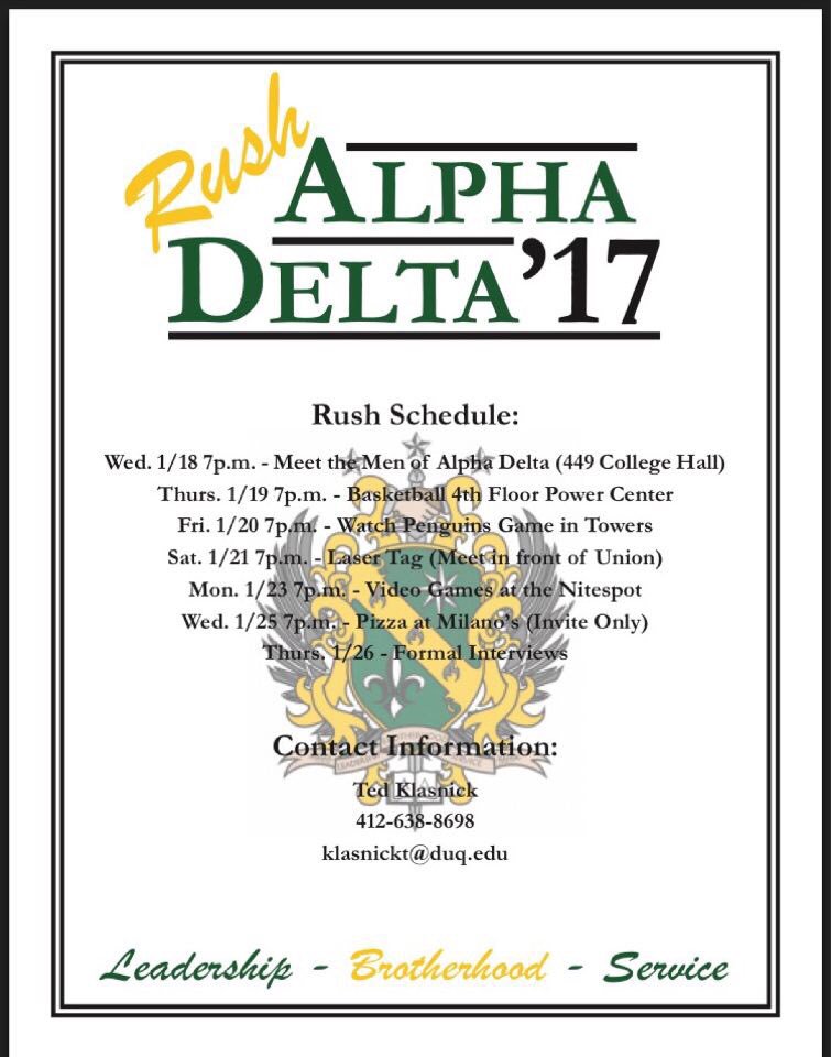 AlphaDeltaPiChi's tweet photo. Rush week has kicked off! Stop by college hall tonight for a meet and greet and free food with the brothers #RushWeek #AD https://t.co/GAXkyklVgL