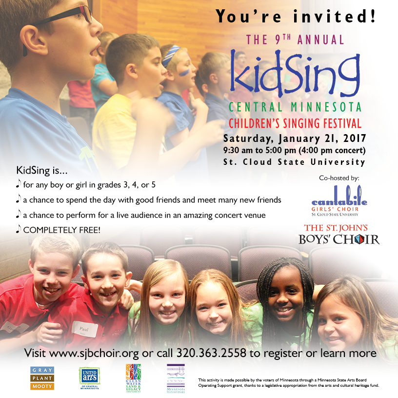 stcloudstate's tweet photo. Proud to co-sponsor Jan. 21 #KidSing w @sjbchoir. Children in grades 3, 4 & 5 learn choral music, perform a concert in Ritsche Auditorium. https://t.co/zt5HLpiRVG