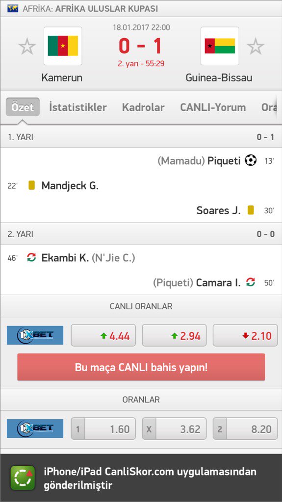 iddaa83's tweet image. Kamerun - Guinea-Bissau 0:1  

Rolling 2
1.5 üst
202▶️282