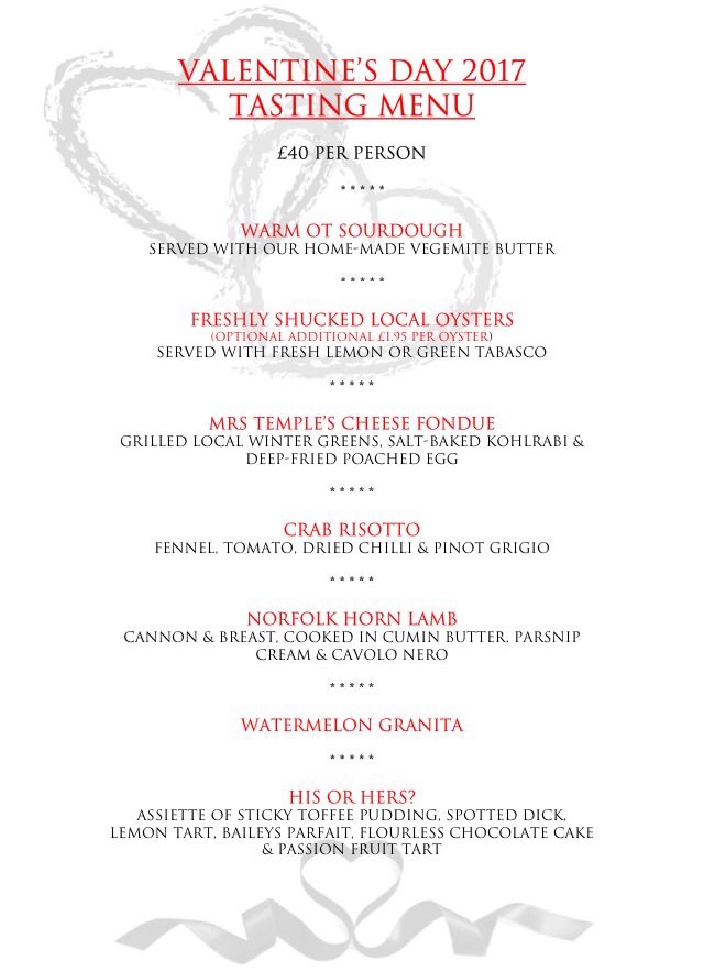 Hot off the press!! Our Valentine's Day Tasting Menu has been finalised today! Give us a call on 01485 512213 to book! ❤️ #ValentinesDay #OT