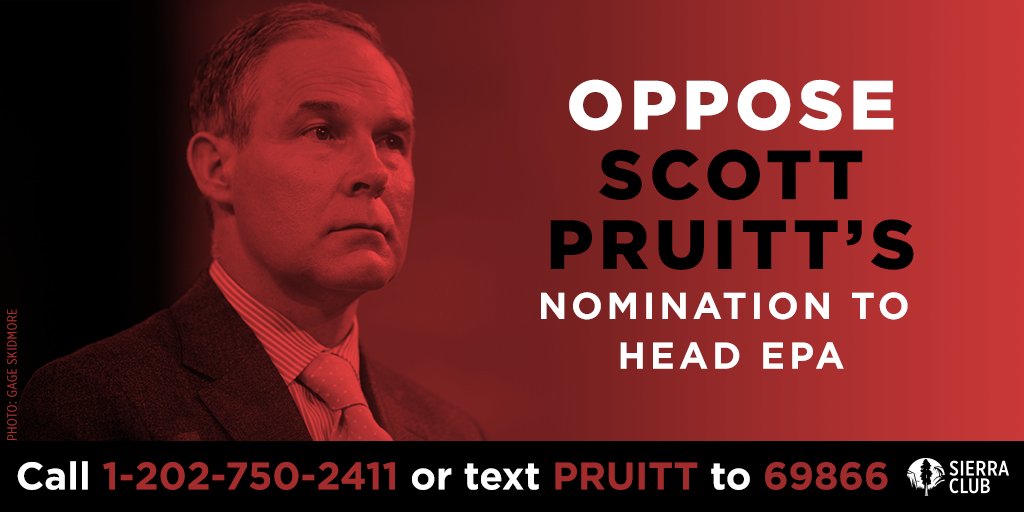 SierraClub's tweet photo. Have you called your senators yet to urge them to say NO to Scott Pruitt for EPA? Call them NOW: 1-202-750-2411 #pollutingPruitt https://t.co/eVG0uZGfYh