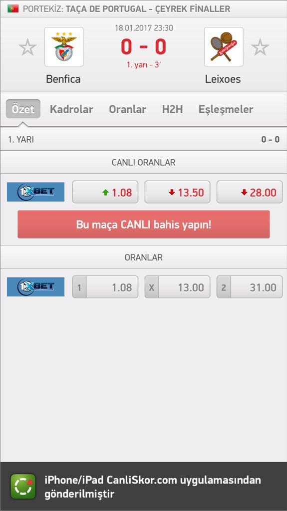 iddaa83's tweet image. Benfica - Leixoes 0:0  

Rolling 3
İy 2.5 alt
282▶️349