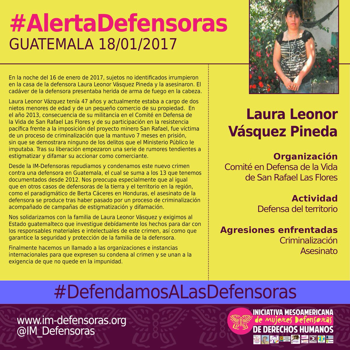 #AlertaDefensoras GUATEMALA / Asesinan a Laura Leonor Vásquez Pineda, defensora del territorio im-defensoras.org/2017/01/alerta… #NiUnaMenos
