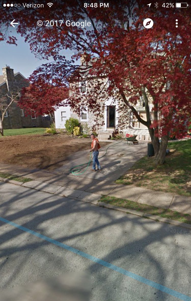 Rocket_Dolphin's tweet photo. When your dad is unaware Google Maps is driving by for street view and also your driveway is super dry so you have to hose it down. https://t.co/DS6QucXmTp