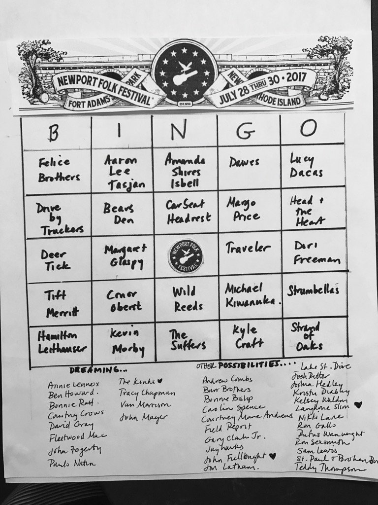 Bingo card for 2017 <a href="/Newportfolkfest/">Newport Folk Fest</a>. Some of my '16 faves were artists I'd never heard of prior to festival #folkon