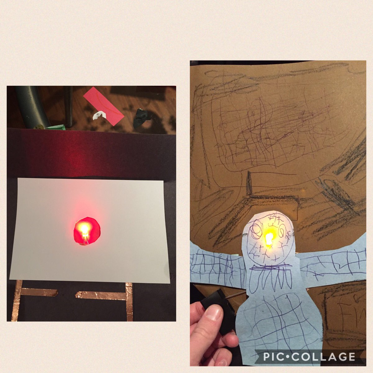 john_brickell's tweet photo. My boys created paper circuits tonight as exemplars for our #makerspace activity tomorrow- flag of Japan, scary monster #learningelectricity https://t.co/7Br85s1rpx