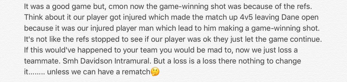614dreamteam's tweet photo. They didn't want us to win,so you can't even stop a game for a injured player and let us sub in a player, SMH @HDVIntramurals @AmerSpork https://t.co/KqgA4XJdLf