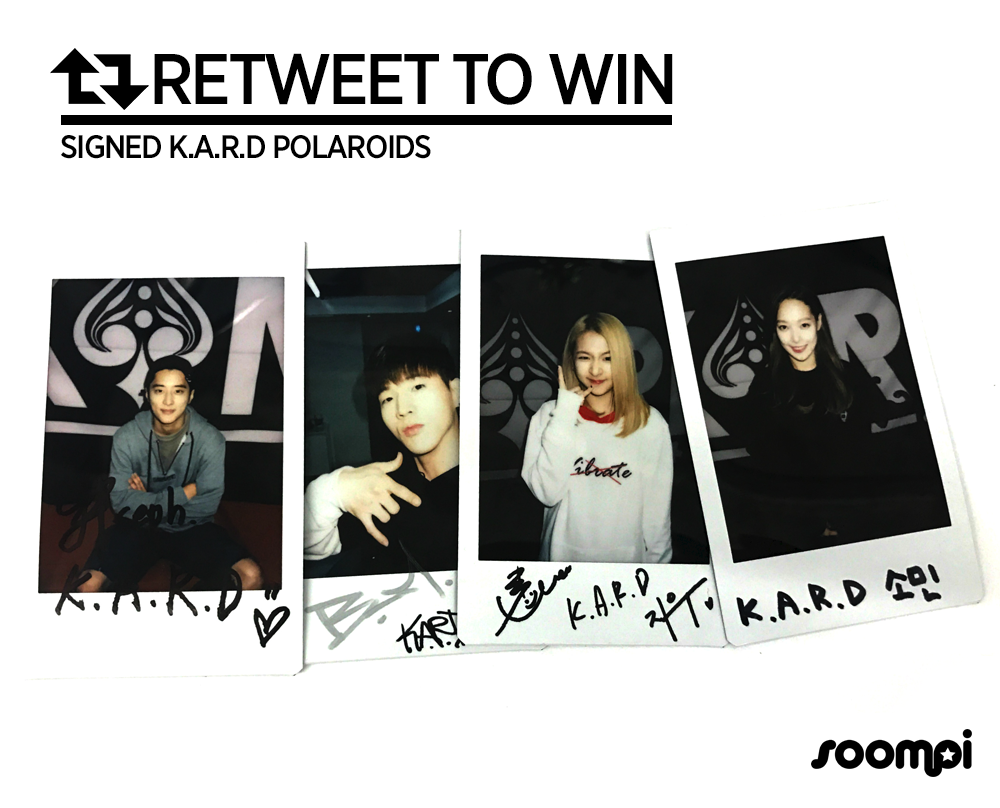 soompi's tweet photo. RT to win a signed #KARD polaroid! Be sure to also check out our exclusive interview here: https://t.co/twav3S1ZGN https://t.co/LnXJ0OLYpU