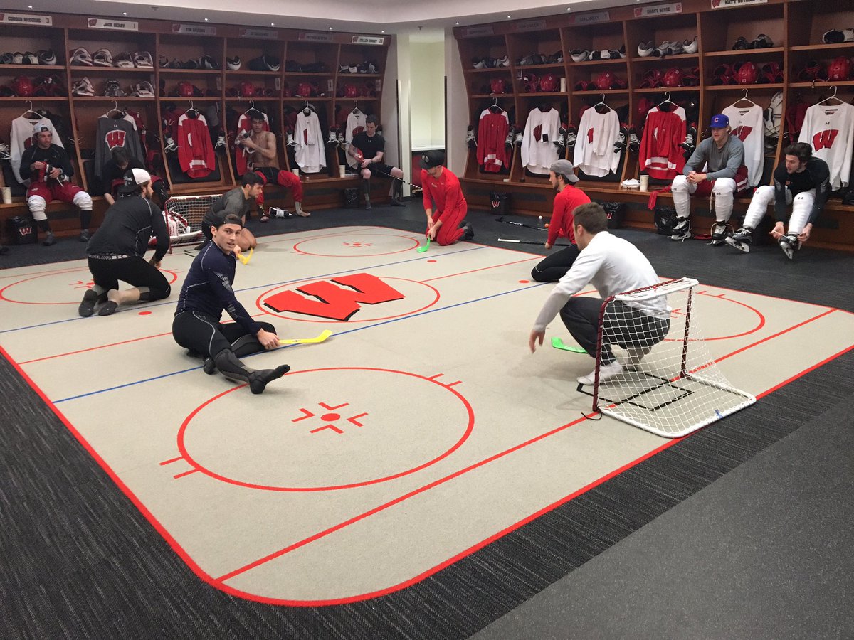 BadgerMHockey's tweet image. Taking full advantage of the new locker room carpeting today. #smallareagames