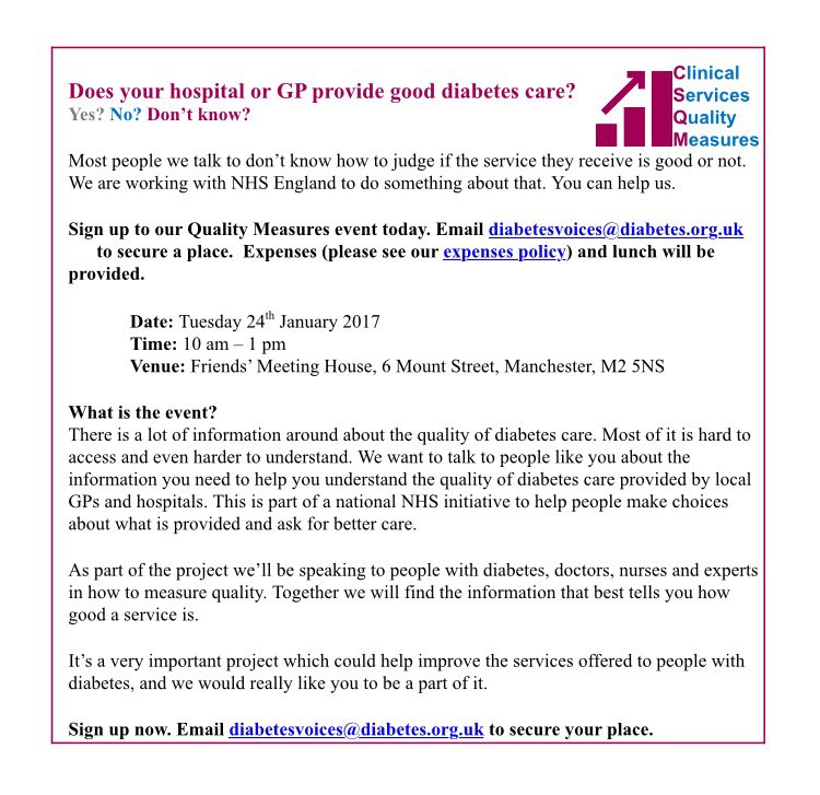 CSQMs_NHS's tweet photo. 🔔Does your hospital or GP provide good #diabetes care?
Yes❓No❓Don’t know⁉️
@DiabetesUK @NHSEngland need your help to work it out! #workshop https://t.co/eeXLEccESP