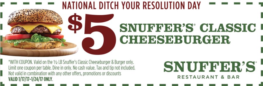snuffersburgers's tweet photo. Ditch your diet and dig in to our Classic Cheeseburger –only $5 for a limited time only with coupon. #EffYourDiet #NationalDitchYourDietDay https://t.co/Ue7NqhorQt