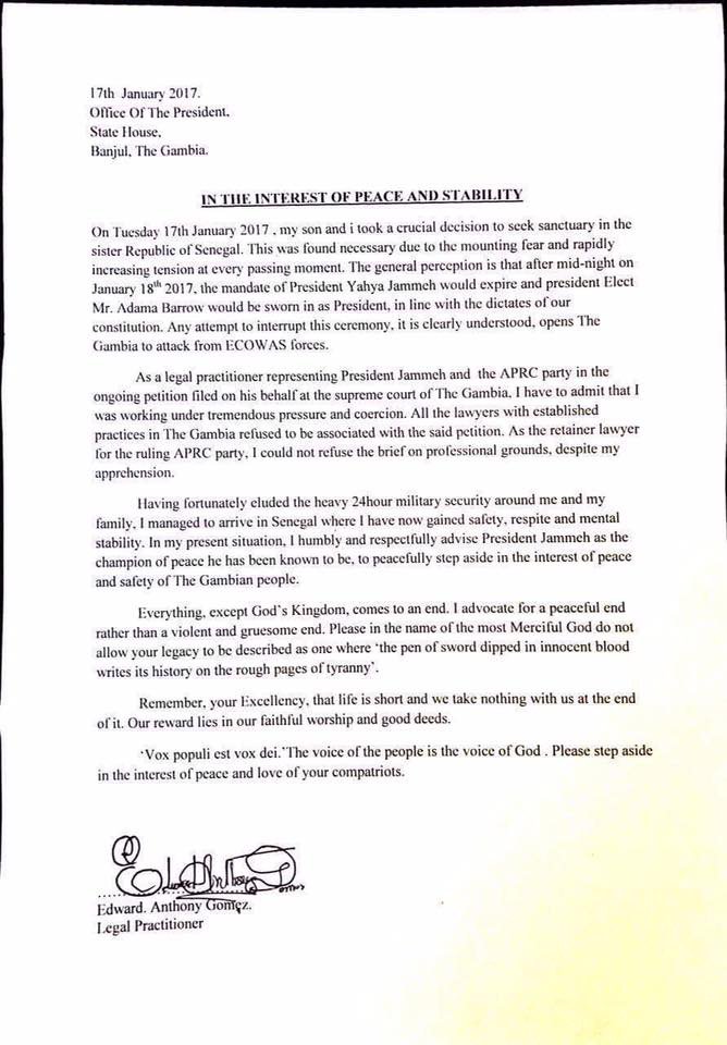 mamasarr's tweet photo. #Gambia breaking! Jammeh's lawyer Edu Gomez who yesterday escaped to Senegal, sends him a letter asking him to step down. Said he was forced https://t.co/9S7PwShCOV