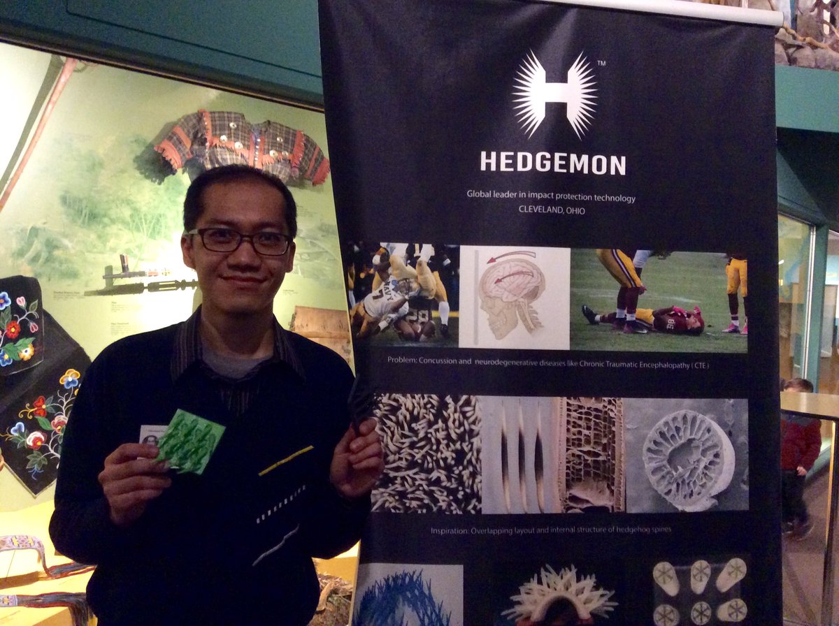 goCMNH's tweet photo. #Hedgemon LLC's @bkhsiung is working to develop new helmet liner inspired by #hedgehog quills! #ThinkandDrink #Biomimicry https://t.co/D0KQ6NNwph