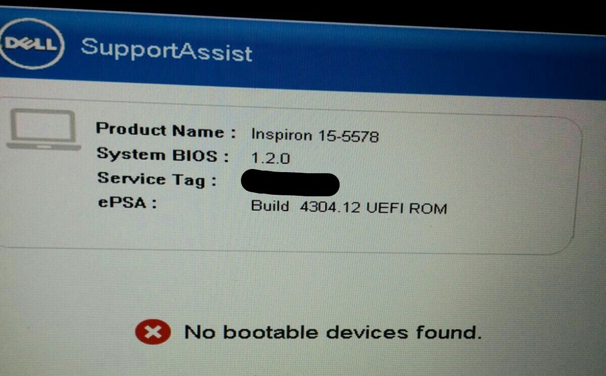 ChrisMarinoni's tweet photo. "No bootable devices found". @DellCares a quick advice to solve this problem? Just 5 days of life. SSD not detected. https://t.co/s4ax9UFkMb