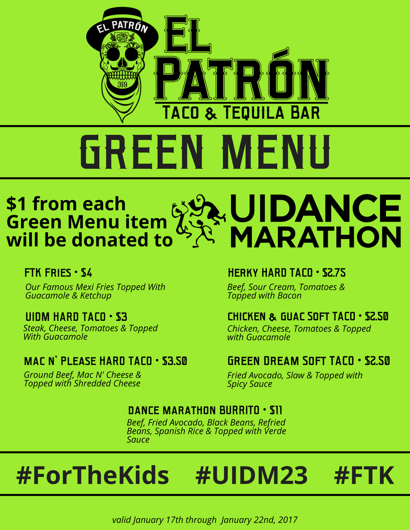 elPatronIC's tweet photo. Order from our Green Menu this week and support Dance Marathon!
#TacosForACause #UIDM23 #FTK #ElPatron #GreenMenu #ForTheKids https://t.co/NOo6DKRjil
