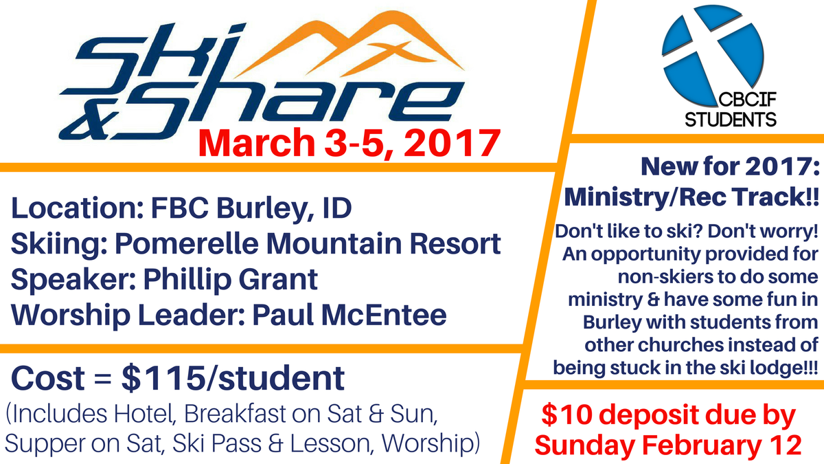 kburchyett's tweet photo. Ski & Share 2017 info! Deposits due by Sun Feb 12. #CBCIFstudents https://t.co/Ap7GYjUjV5