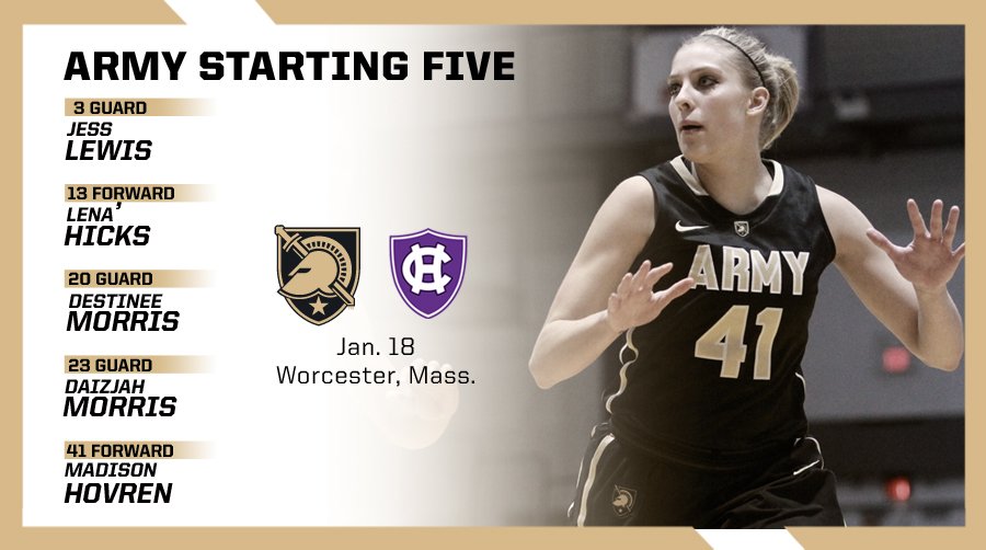 ArmyWP_WBB's tweet photo. Army uses the same starting 5 for the second game in a row tonight at Holy Cross.

#GoArmy https://t.co/yGkJIoxZRp