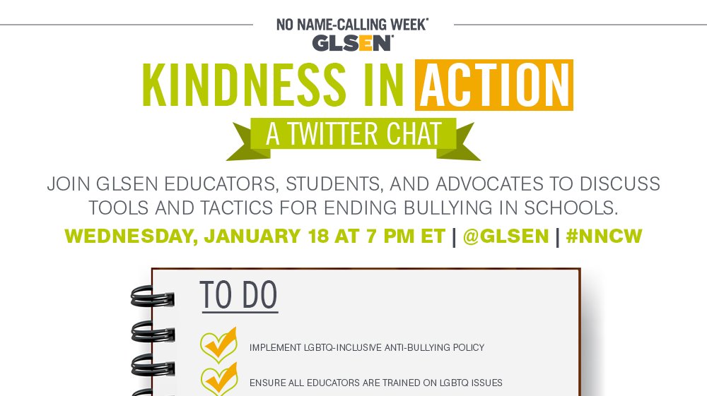 GLSEN's tweet photo. 15 minutes until the #NNCW chat! Discuss how you can put #KindnessInAction in your school @ 7pm using #NNCW https://t.co/b9KMhRXmXX