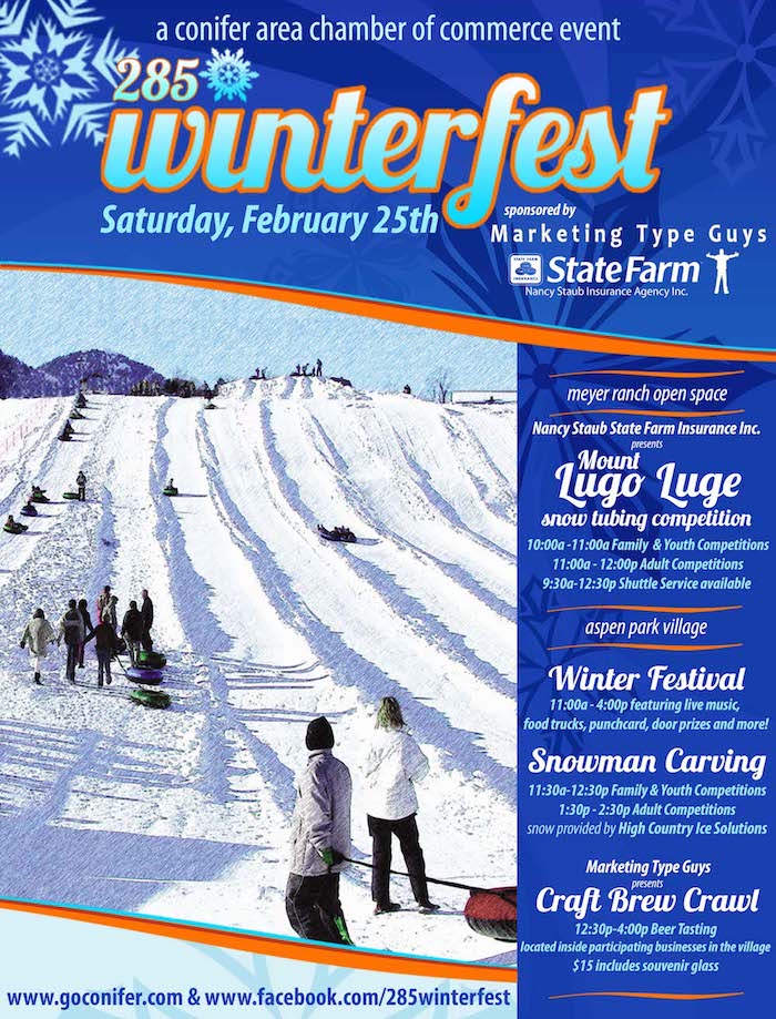 ConiferChamber's tweet photo. 285 Winterfest is Feb 25th-put your teams together for the Mt Lugo Luge! Snowman carving, Craft #Beer Crawl &amp; More! https://t.co/BQ0LwFku5r https://t.co/91jXErKJjg