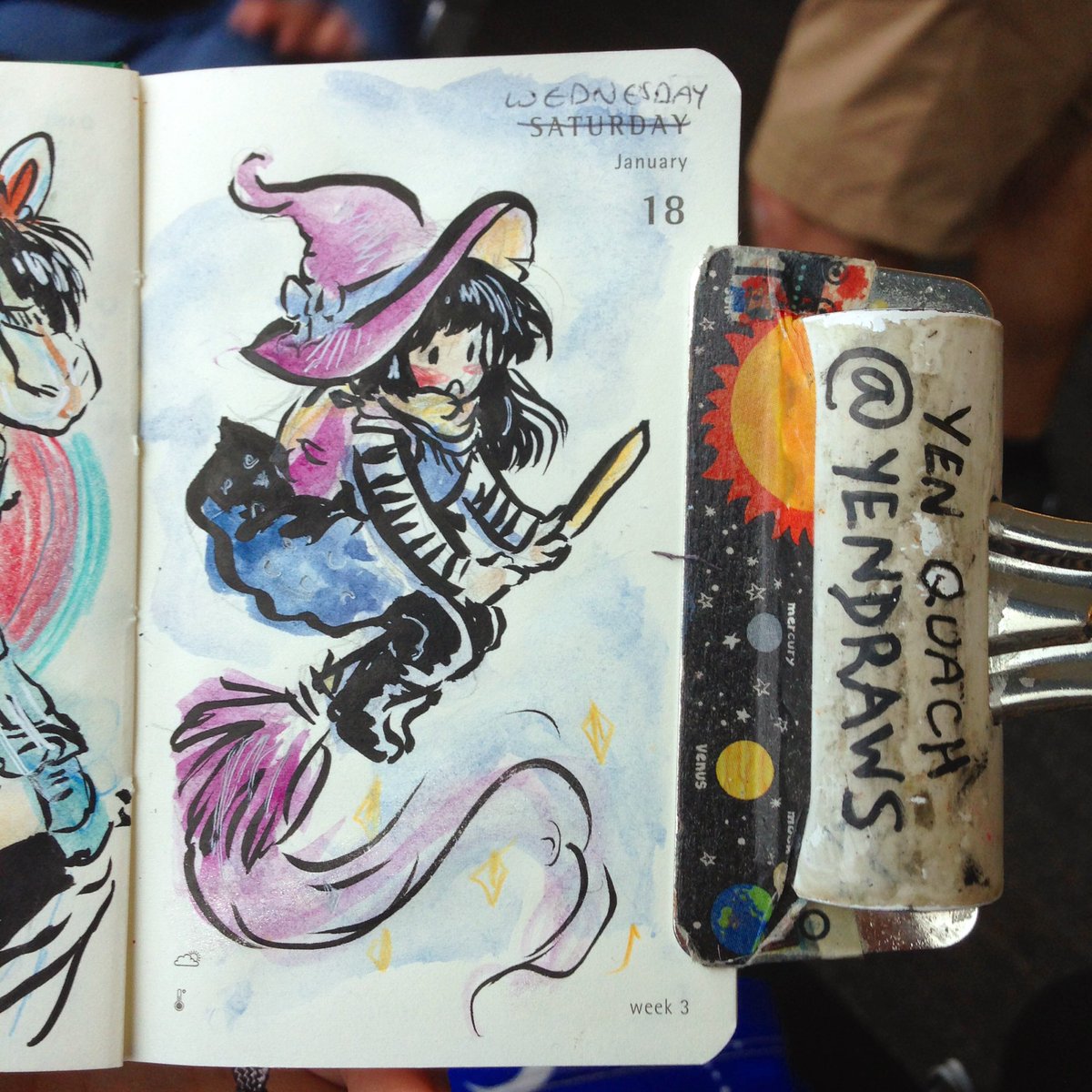 YenDraws's tweet photo. Travelling Witch #illustration #draweveryday #ded2016 #witch #selfportrait #moleskine #watercolor #brushpen https://t.co/ajWUWlfB31