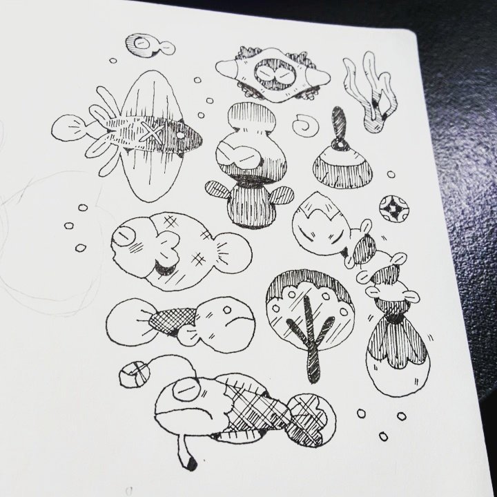 Some fish related ink doodles. Little Fish Captain with first mate Glub. Fish Assortment ☆ ~ ☆ ~ ☆ 