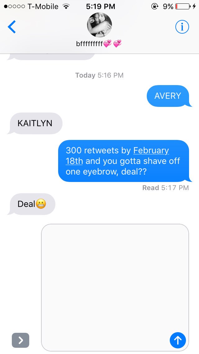 kaitlynpeters0n's tweet photo. retweet for @McdowellAvery to shave off one eyebrow !!!!!!! https://t.co/fcAufwvhVW