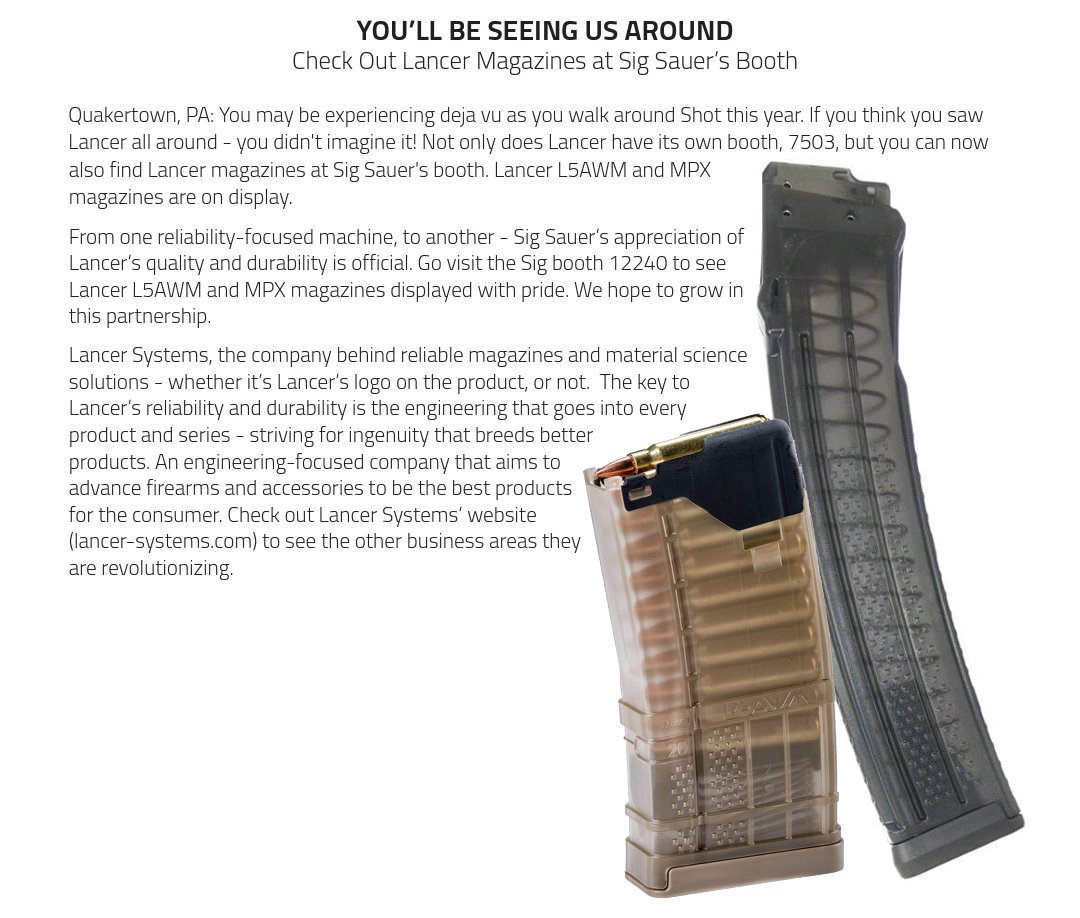 LancerSystems's tweet image. Check us out, not just at our booth - but all over @nssfshotshow