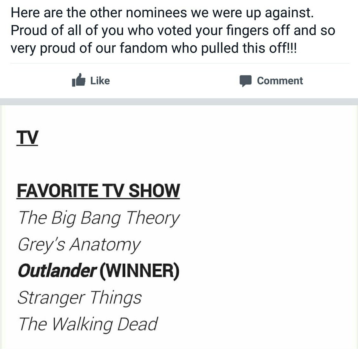 OutlandrFanatic's tweet photo. Amazing job #Outlander fans! We accomplish epic shit when we work together! #PCAOutlander2017 https://t.co/DAkWBXVghQ